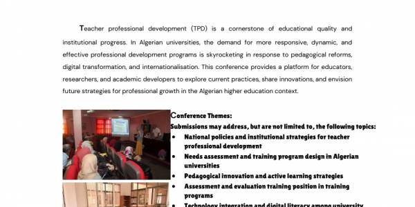 ملتقى وطني عبر الخط. يوم الخميس 30 اكتوبر 2025 بعنوان  Online National Conference on Teacher Professional Development in Algerian Universities: Empowering Educators for Quality and Innovation in Higher Education 