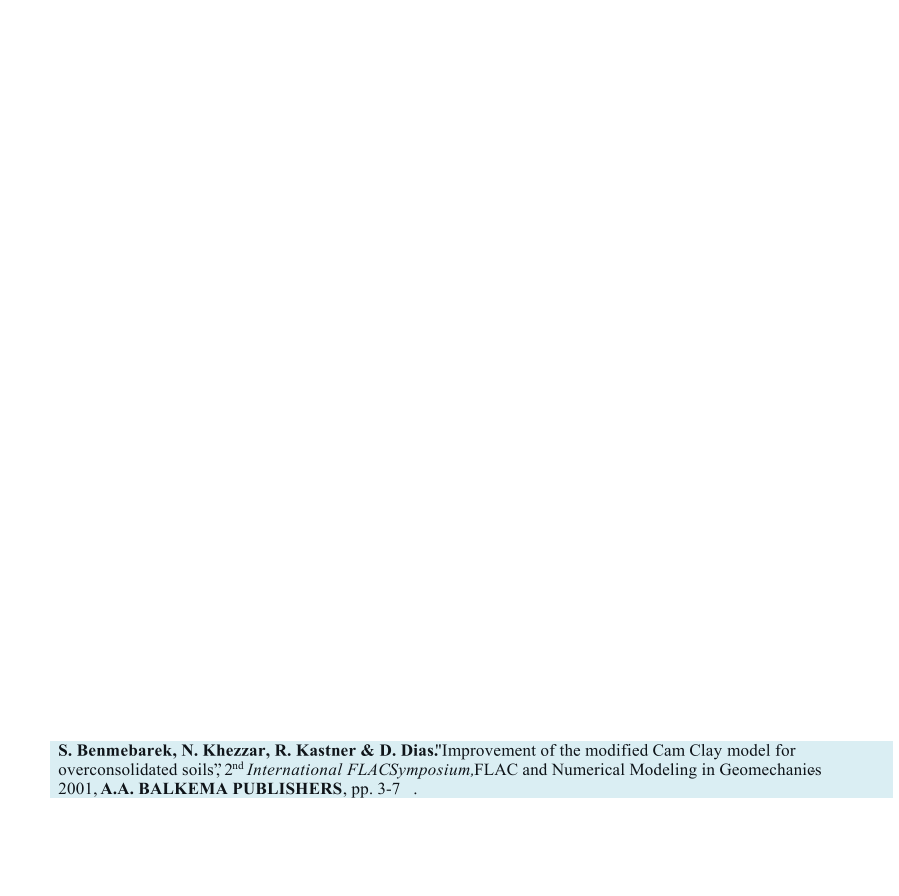 S. Benmebarek, N. Khezzar, R. Kastner & D. Dias.     "   Improvement of the modified Cam Clay model for  overconsolidated soils, 2 nd   International FLAC     Symposium,   FLAC and Numerical Modeling in Geomechanics - 2001,   A.A. BALKEMA PUBLISHERS   , pp. 3       -7   .