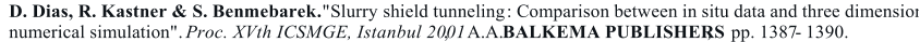 D. Dias, R. Kastner & S. Benmebarek.     "Slurry shield tunneling      : Comparison between in situ data and three dimensional  numerical simulation".    Proc. XVth ICSMGE, Istanbul 2001 ,    A.A.     BALKEMA PUBLISHERS ,      pp. 1387    -     1390.