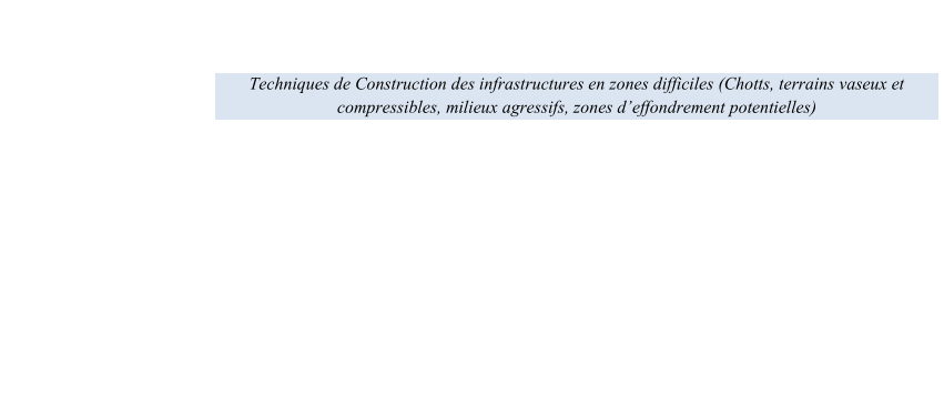 Techniques de Construction des infrastructures en zones difficiles (Chotts, terrains vaseux et  compressible s, milieux agressifs, zones d  effondrement potentielles)